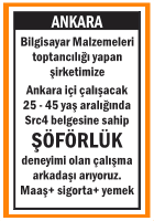BİLGİSAYAR TOPTANCISI ŞİRKETİMİZE ŞOFÖR BATIKENT