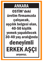 DENEYİMLİ ERKEK AŞÇI OSTİM