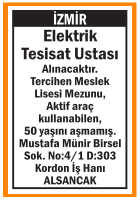 ELEKTRİK TESİSAT USTASI ARANIYOR ALSANCAK