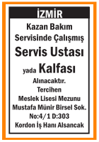 KAZAN BAKIM SERVİS USTASI YADA KALFASI