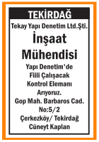 İNŞAAT MÜHENDİSİ KONTROL ELEMANI ÇORLU TEKİRDAĞ